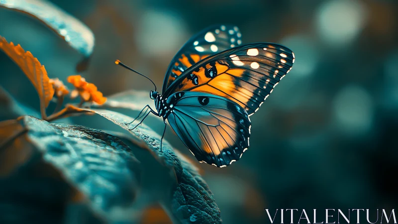 Gentle butterfly rests on glowing leaves in soft forest light