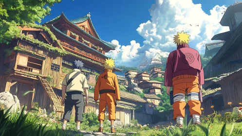 Anime village street with three adventurers under bright sky