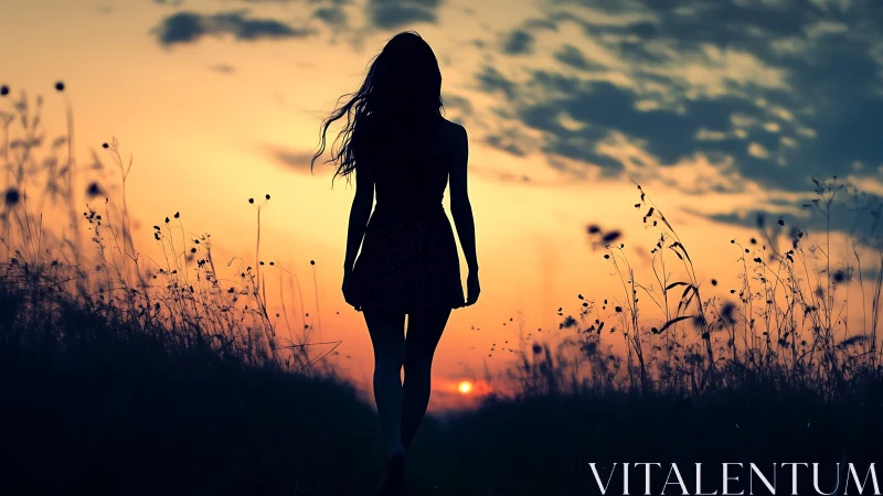 Silhouette of lone figure in meadow at low sunset horizon.