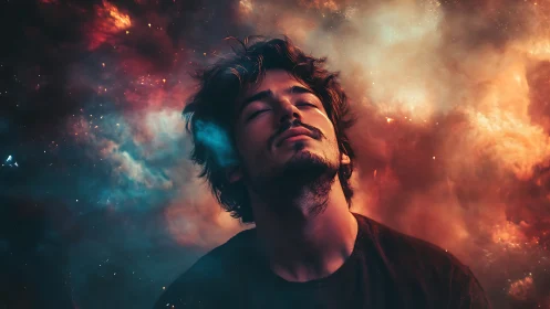 Young man in cosmic nebula clouds with closed eyes portrait.