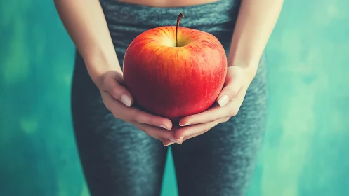 Photorealistic fitness still life with oversized red apple focus.