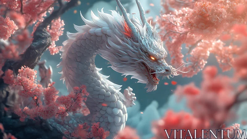 White dragon coils through ethereal cherry blossoms in bloom.