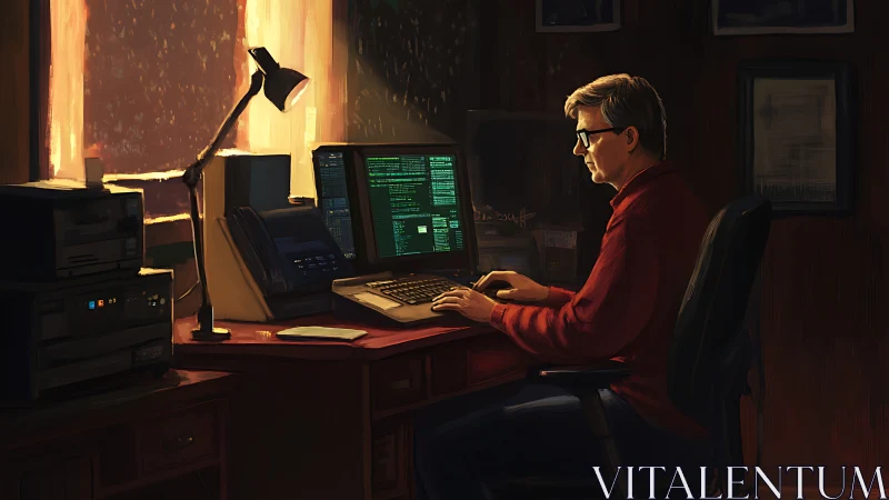 Evening coder enjoys a focused session in a cozy home office