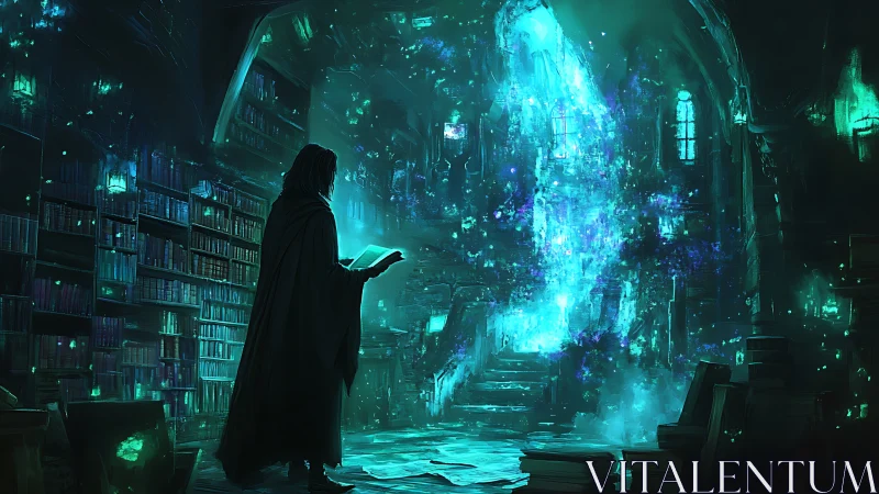 Wizard studies glowing portal in arcane library at night.