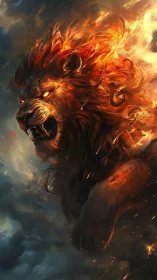 Flaming celestial lion roaring amid dark storm clouds.