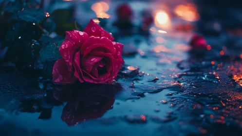 Single wet rose on reflective surface under low light.