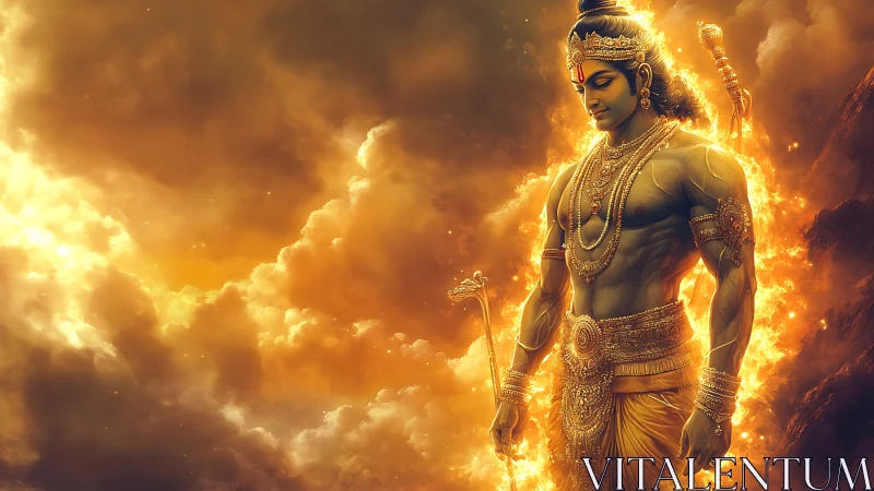 Radiant warrior deity in molten aureole amidst turbulent clouds.