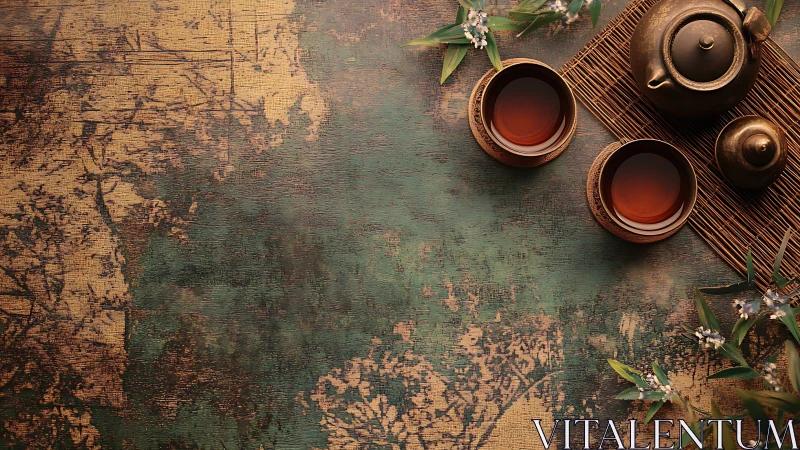 Rustic tea ceremony set on textured vintage tabletop.