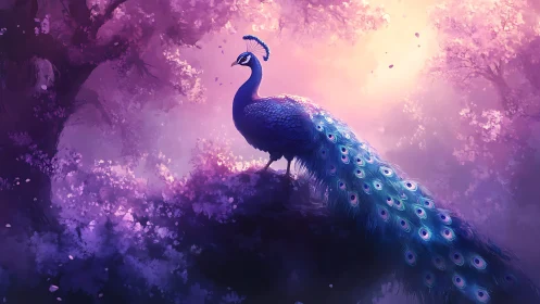 Backlit peacock on mossy ridge in magenta atmospheric bloom field