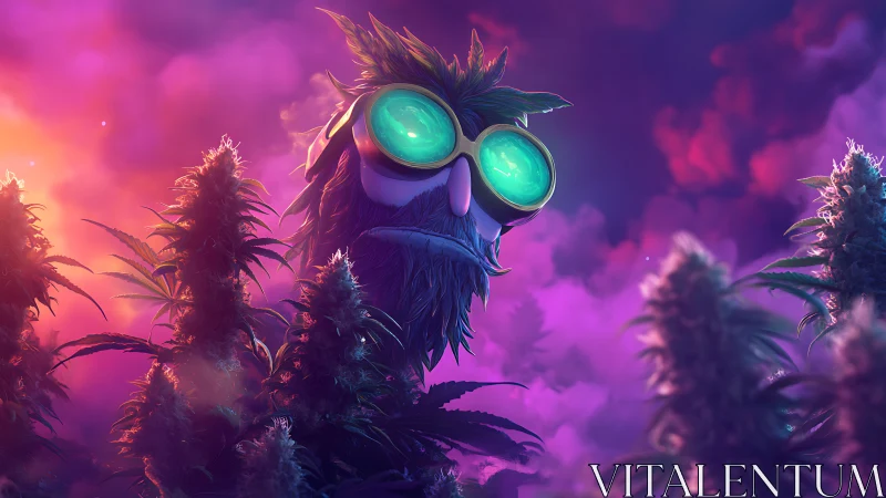 Cartoon owl in neon goggles among glowing weed plants.