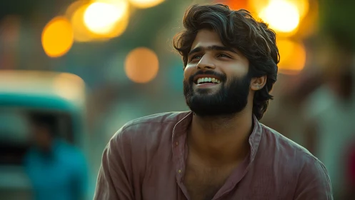 Smiling bearded man in shallow depth-of-field sunset bokeh portrait