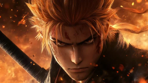 Digital close-up shows intense male warrior amid sparks