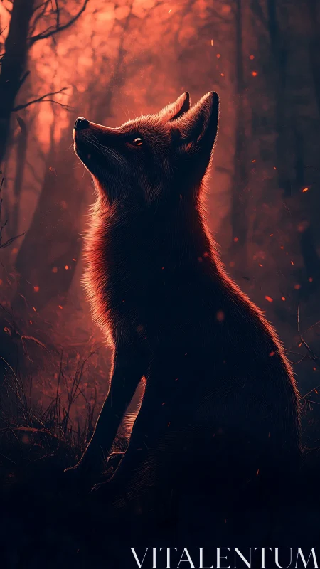 Fox silhouette glows in ember lit twilight forest scene.