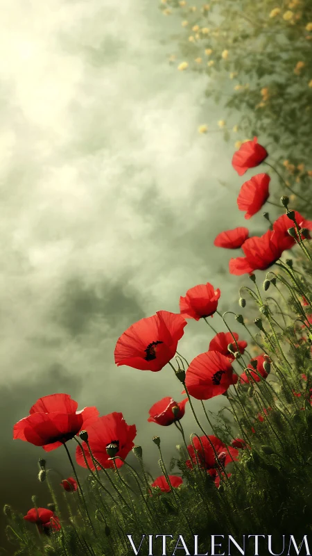 Red poppies photographed against overcast sky with atmospheric haze