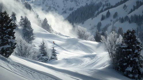 Solo skier carves fresh tracks across misty alpine valley.
