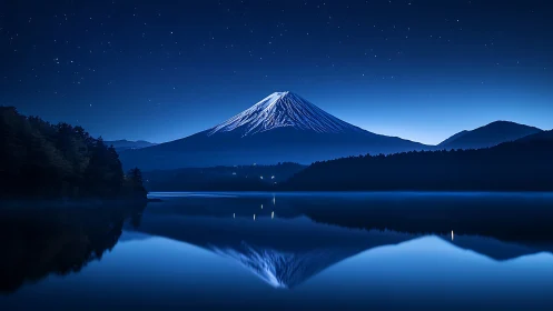 Nocturnal alpine symmetry in deep blue photoreal landscape.