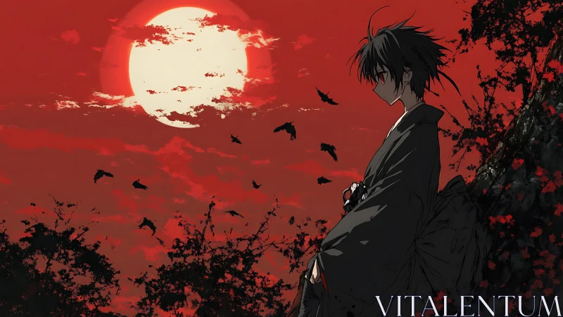 Silhouetted figure before red sky and large pale sun.