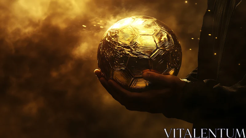 Hands hold glowing golden soccer ball in smoky darkness