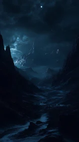 Nocturnal glacial canyon recedes beneath a cold lunar sky