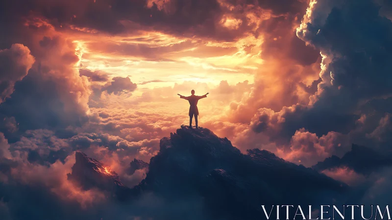 Solitary figure stands on mountain peak amid dense cloudfield