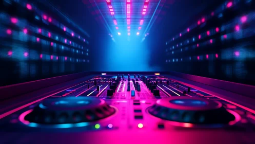 Neon DJ soundboard glowing in a dreamy cosmic club night.