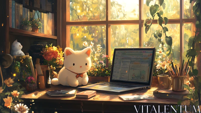 Cozy desk companion cat in a sunlit creative window nook.