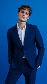 Male model in sharp blue suit against bold monochrome background