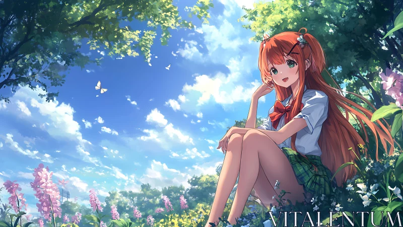 Red haired schoolgirl resting in bright summer garden.