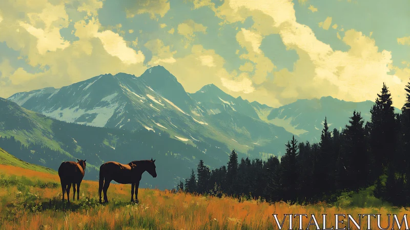 Two horses stand in a mountain meadow before distant peaks