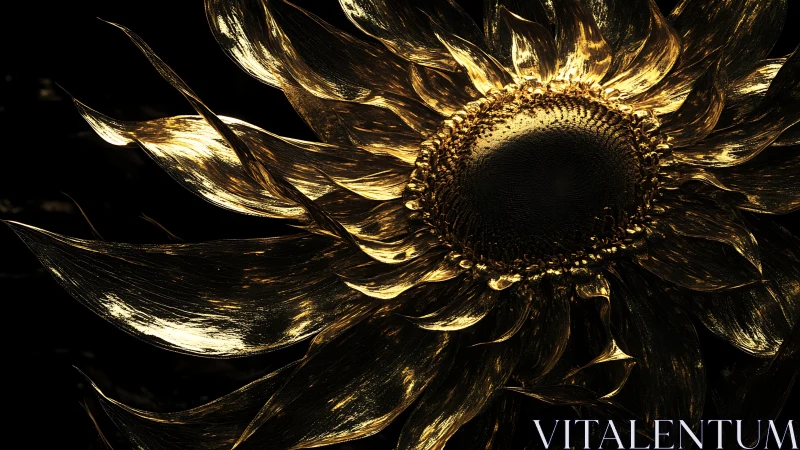 Golden metallic sunflower glows against deep black void.