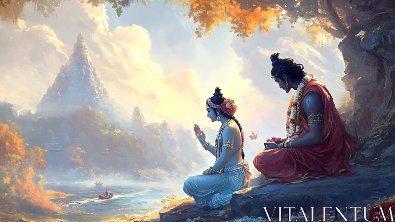 Divine figures converse by river before distant temple.