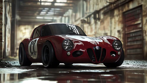 Low-slung vintage race car gleaming in abandoned warehouse.