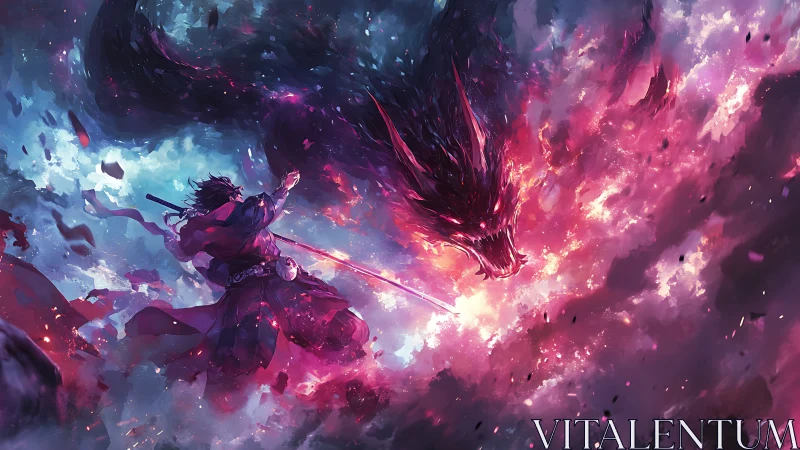 Swordsman confronts fiery spectral dragon amid swirling clouds