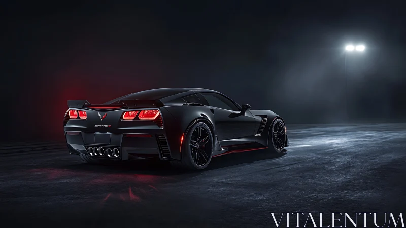 Midnight sports car waits under soft streetlight glow