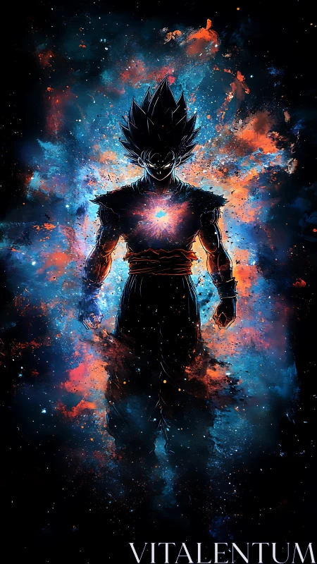 Silhouetted warrior figure within glowing cosmic burst.