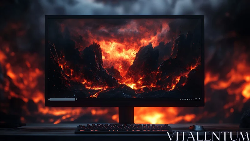 Ultra-wide gaming monitor with volcanic lava scene display
