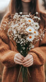 Woman in Rust Sweater Holds White Daisy and Baby's Breath Bouquet