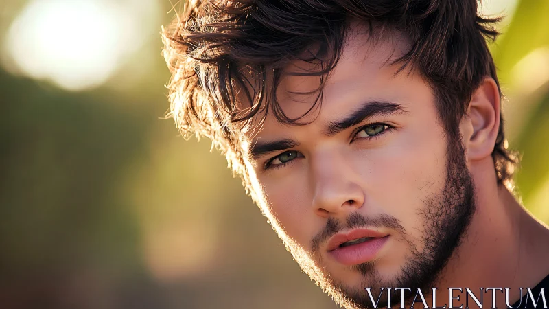 Photorealistic portrait closeup of young man at golden hour.