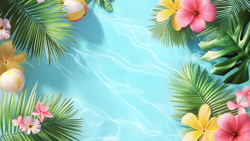 Tropical Floral Frame with Water Caustics Rendered 3D.