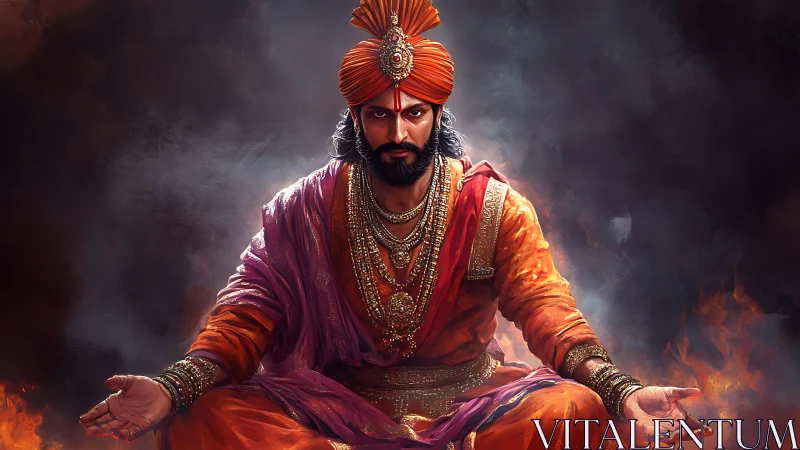 Regal warrior in flame-lit meditation and jeweled splendor.