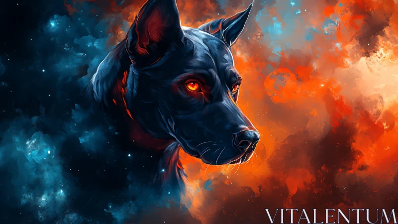 Canine head rendered in contrasting blue and orange nebula field