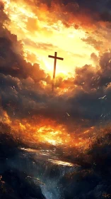 Radiant cross over fiery clouds and cascading chasm.