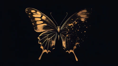 Golden butterfly silhouette dissolves into shimmering splashes.