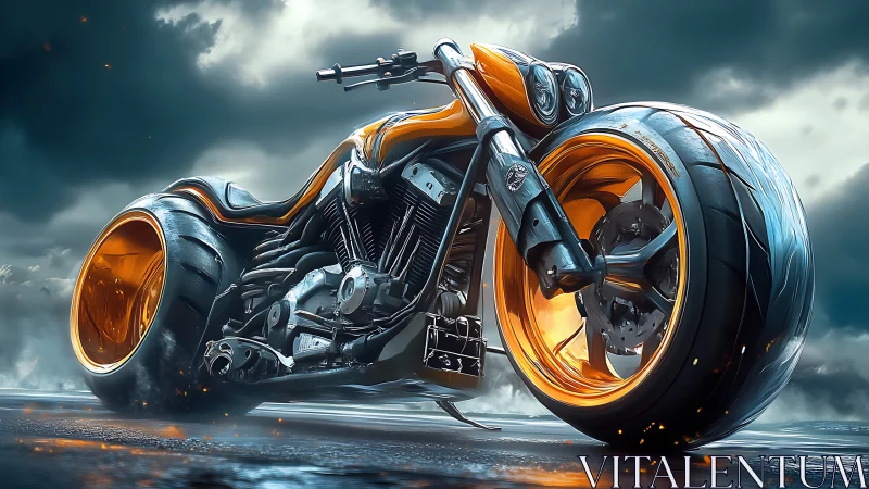 Storm-chasing cyber chopper blazes on molten neon wheels.