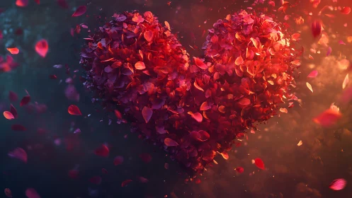 Heart shape constructed from scattered red and orange glowing particles