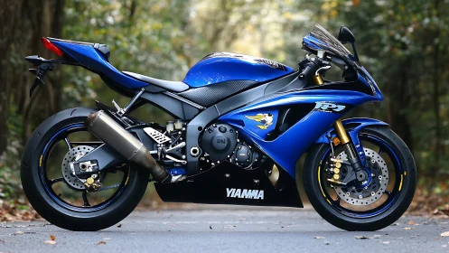 Blue sport motorcycle poised for a playful forest ride.