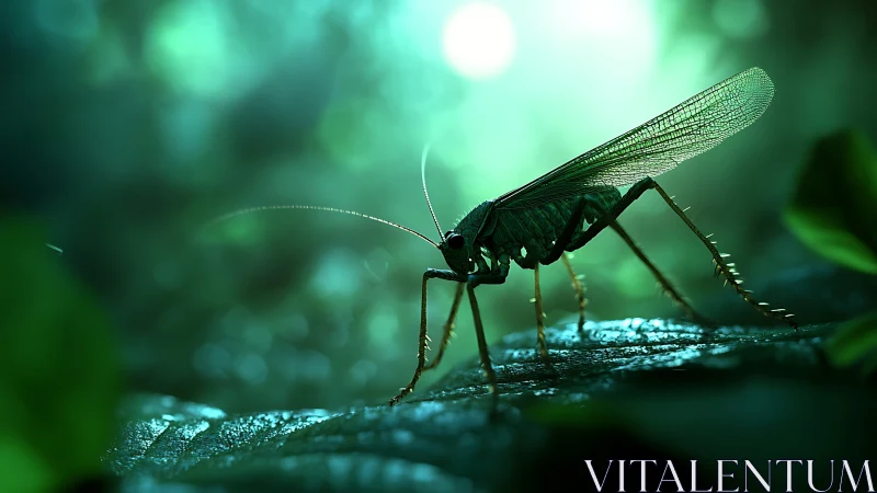 Green katydid stands poised on leaf in glowing forest light