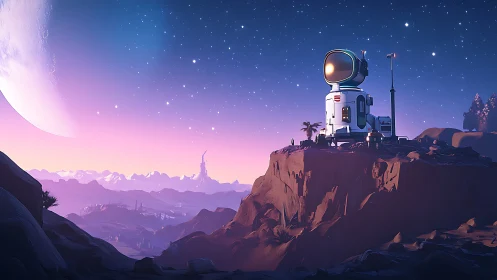 Lonely cliffside observatory overlooking pastel alien valley.