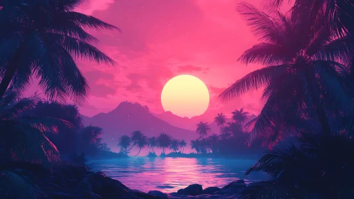 Neon tropical sunset over calm palm-lined lagoon scene.