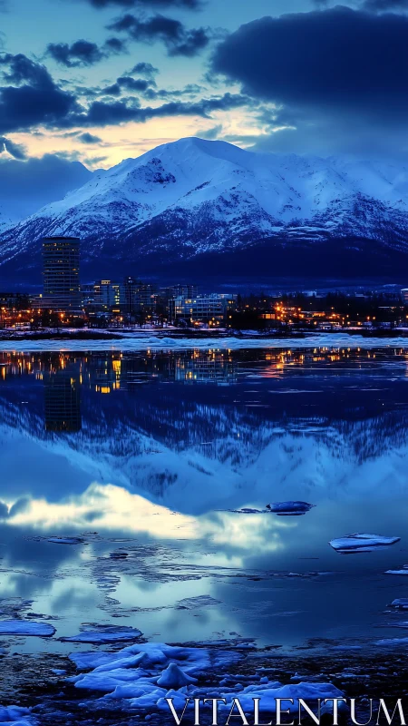 Nocturnal alpine skyline with reflective glacial waterfront symmetry.